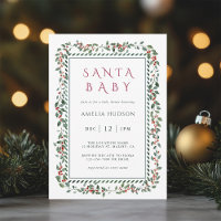 Watercolor Holly Berry Frame Santa Baby Shower