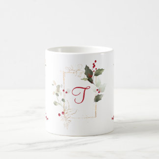 Watercolor Holly Berry Gold Glitter Frame Holiday Coffee Mug