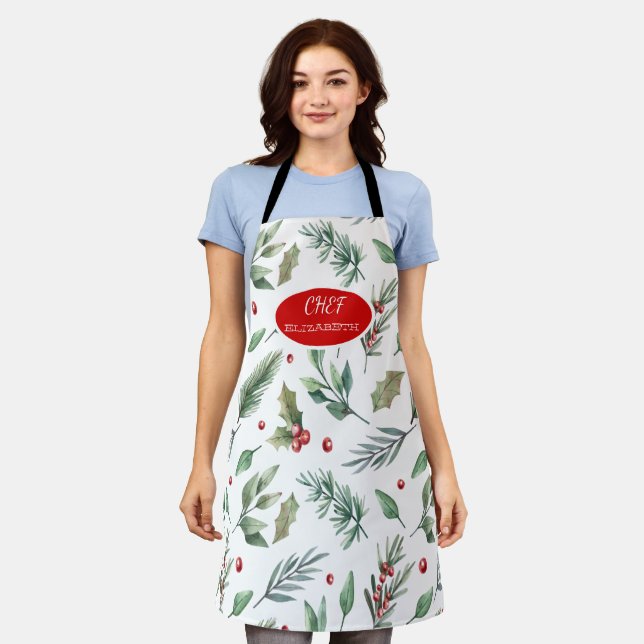 Watercolor Holly Berry Greenery Apron (Worn)