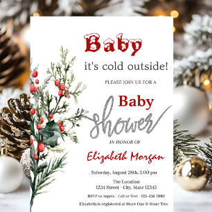 Watercolor Holly Berry Greenery Baby Shower Invitation