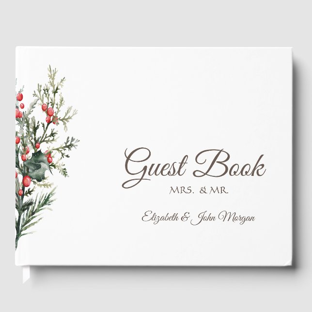Watercolor Holly Berry Greenery Guest Book (Front)
