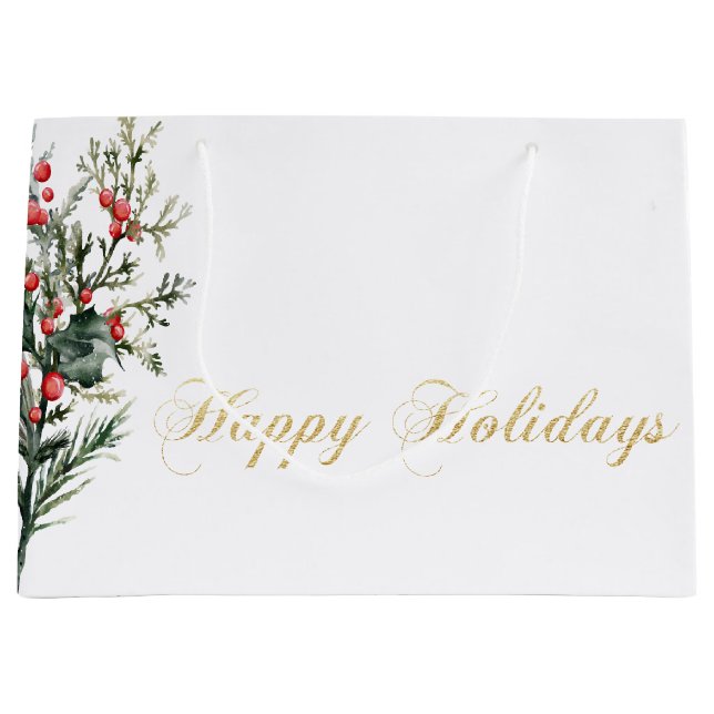 Watercolor Holly Berry Greenery Large Gift Bag (Front)
