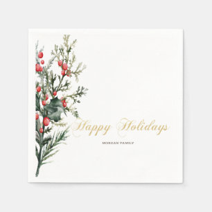 Watercolor Holly Berry Greenery Napkin