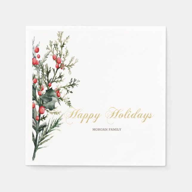 Watercolor Holly Berry Greenery Napkin (Front)