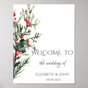 Watercolor Holly Berry Greenery Wedding Poster