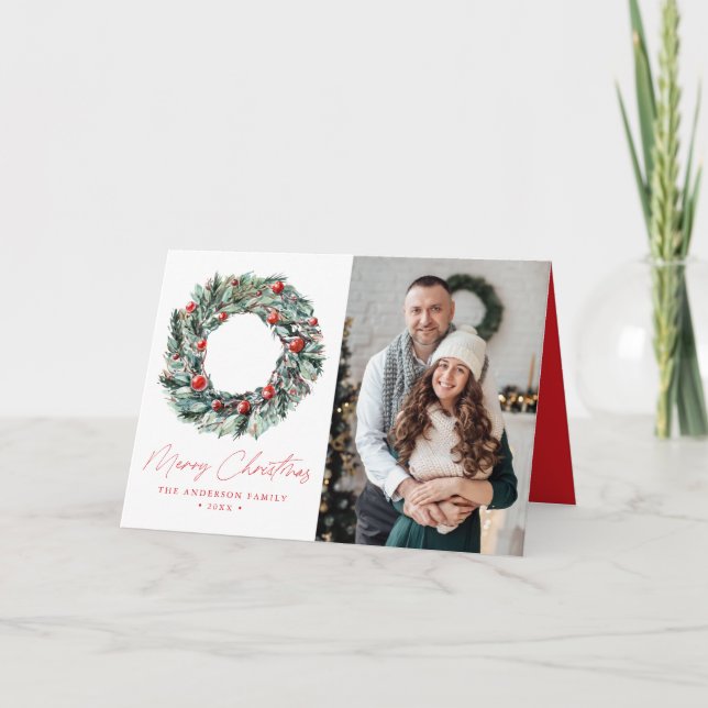 Watercolor Holly Berry & Greenery Wreath 2 Photo Holiday Card (Front)