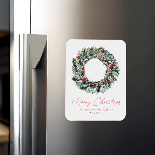 Watercolor Holly Berry & Greenery Wreath Christmas Magnet