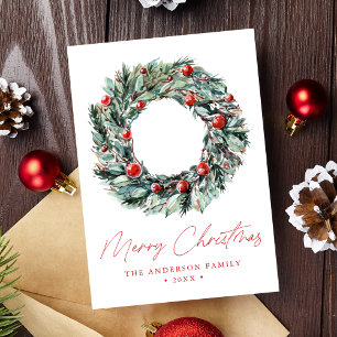 Watercolor Holly Berry & Greenery Wreath Non-Photo Holiday Card