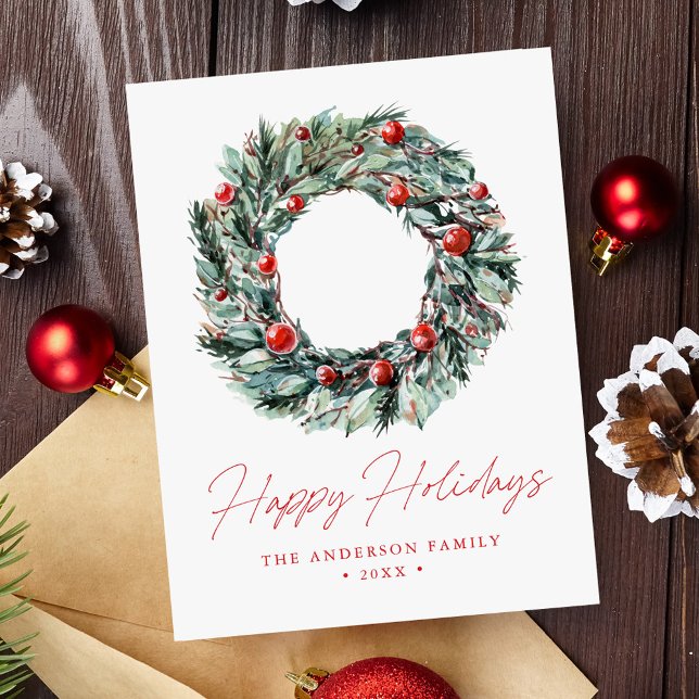 Watercolor Holly Berry & Greenery Wreath Non-Photo Holiday Postcard (Creator Uploaded)