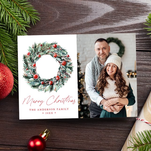 Watercolor Holly Berry & Greenery Wreath Photo Holiday Card (Creator Uploaded)