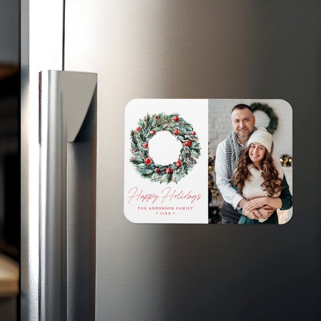 Watercolor Holly Berry & Greenery Wreath Photo Magnet (Creator Uploaded)