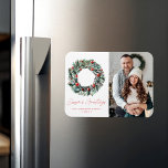 Watercolor Holly Berry & Greenery Wreath Photo Magnet<br><div class="desc">Send your loved ones holiday greetings with our beautiful and stylish photo holiday magnet. The elegant holiday photo magnet features a watercolor holiday wreath with red holly berries and greenery. The phrase "Season's Greetings" is displayed below in a red, handwritten modern script. Personalize the front of the simple Christmas magnet...</div>