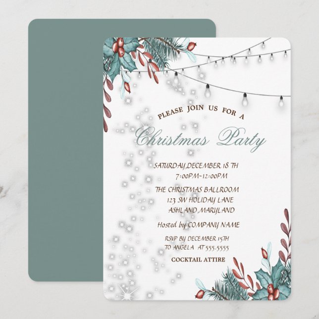 Watercolor Holly Berry,Lights,Christmas Party Invitation (Front/Back)