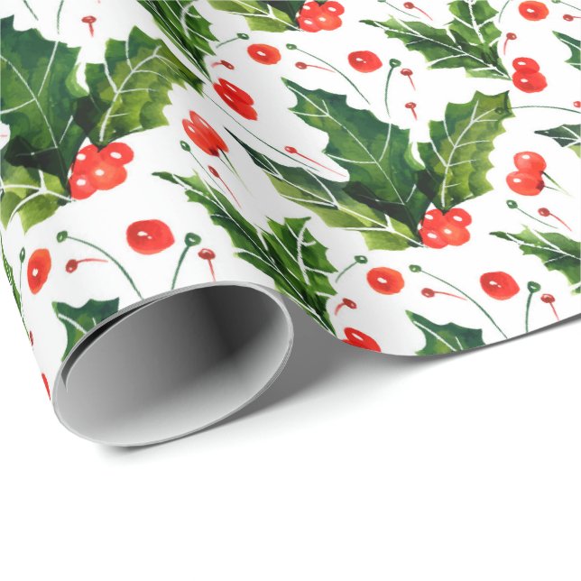 Watercolor Holly Berry Mistletoe Christmas Holiday Wrapping Paper (Roll Corner)