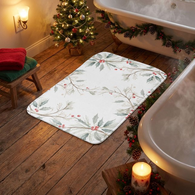 Watercolor Holly Berry Pine Winter  Bath Mat (Creator Uploaded)
