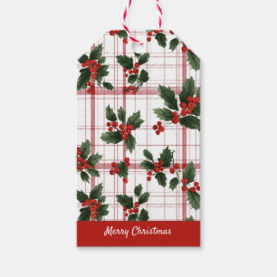 Watercolor Holly Berry Plaid Christmas Gift Tags