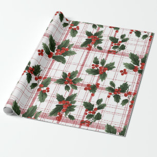 Watercolor Holly Berry Plaid Christmas Wrapping Paper
