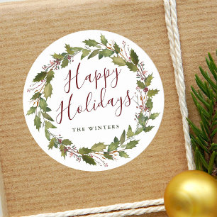 Watercolor Holly Berry Wreath Happy Holidays Classic Round Sticker