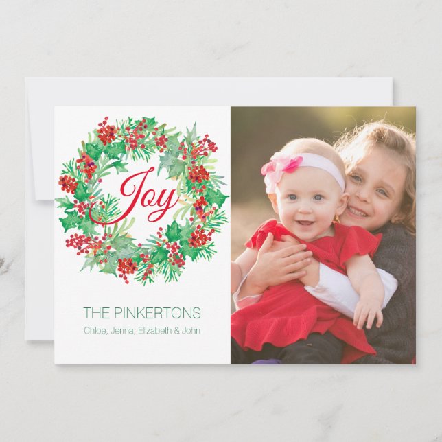Watercolor Holly Berry Wreath Joy Family Photo Holiday Card (Front)