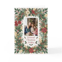 Watercolor Holly Berry Wreath Photo Christmas Card