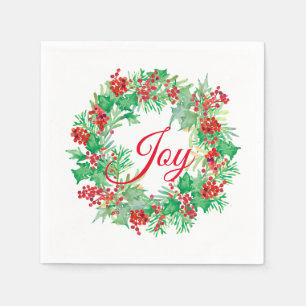 Watercolor Holly Berry Wreath Red Joy Holiday Napkin