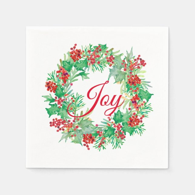 Watercolor Holly Berry Wreath Red Joy Holiday Napkin (Front)