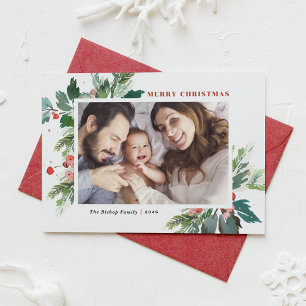 Watercolor Holly Botanical Merry Christmas Photo Holiday Card