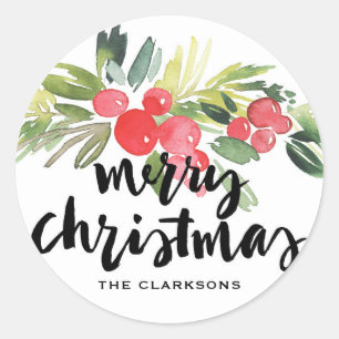 Watercolor Holly Brush Calligraphy Merry Christmas Classic Round Sticker