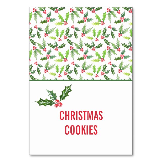 Watercolor Holly Christmas Buffet Food Labels Table Number (Front)