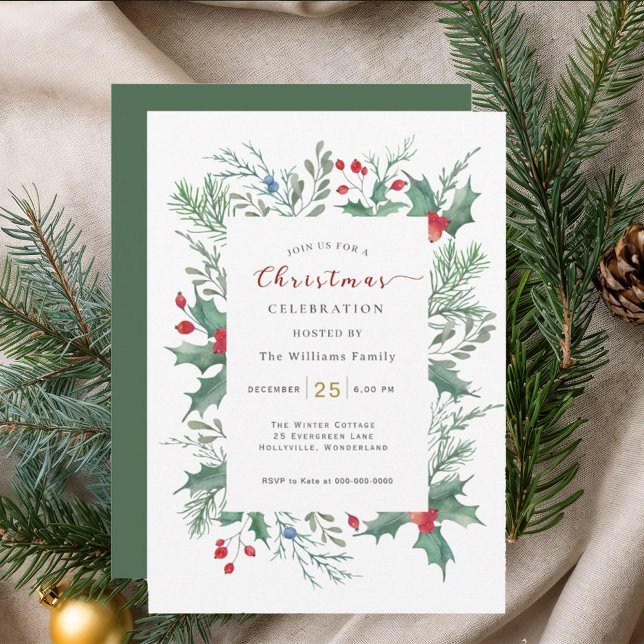 Watercolor  Holly Christmas Celebration Invitation (Creator Uploaded)