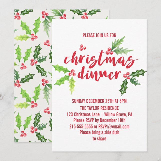 Watercolor Holly Christmas Dinner Invitation (Front/Back)