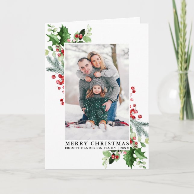 Watercolor Holly Christmas Greenery Family Fold Holiday Card (Front)