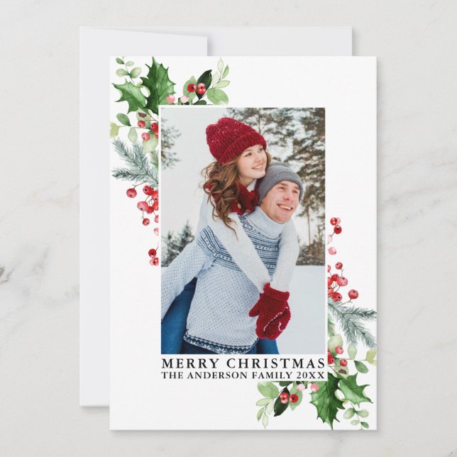 Watercolor Holly Christmas Greenery Photo Holiday Card (Front)