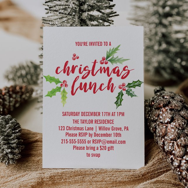 Watercolor Holly Christmas Lunch Invitation (Creator Uploaded)