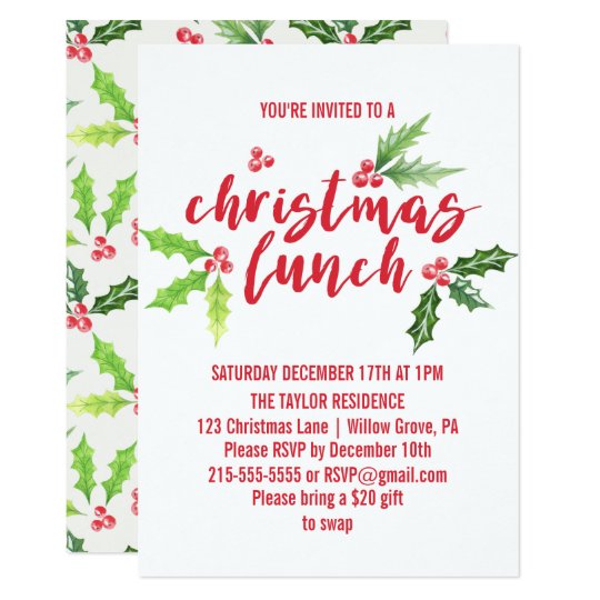 watercolor holly christmas lunch invitation zazzlecouk