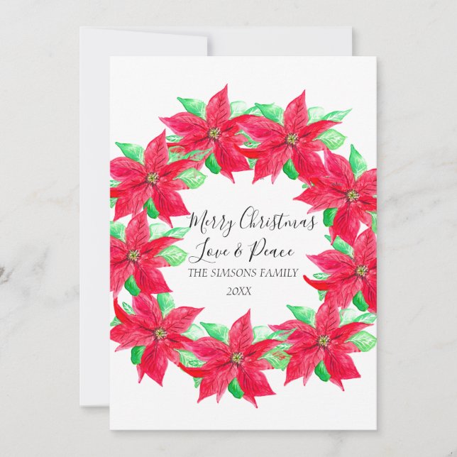 Watercolor Holly Christmas Poinsettia Wreath   Holiday Card (Front)