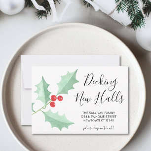 Watercolor Holly Decking New Halls Festive Moving Announcement