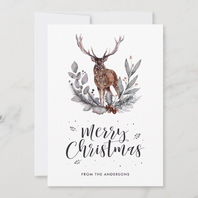 Watercolor Holly Deer Calligraphy Christmas Cards (Front)