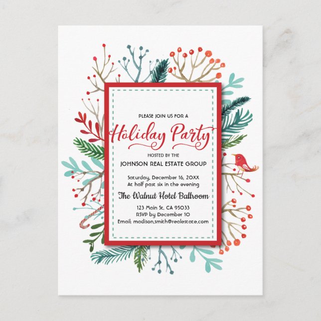 Watercolor Holly Foliage Holiday Party Invitation Postcard (Front)