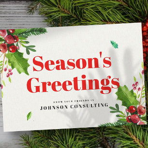 Watercolor Holly Foliage   Season's Greetings Holiday Card