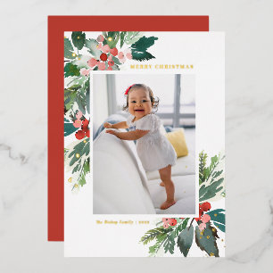 Watercolor Holly Gold Foil Merry Christmas Photo Holiday Card