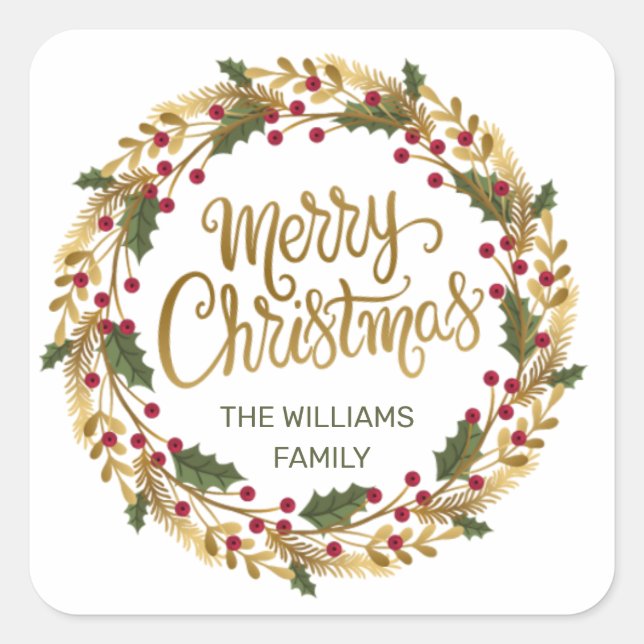 Watercolor Holly & golden pine wreath Christmas Square Sticker (Front)