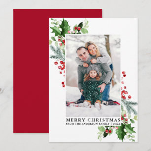 Watercolor Holly Greenery Family Red Photo Holiday Card