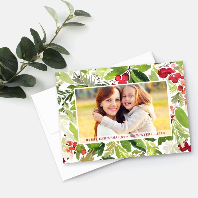 Watercolor Holly Greenery Frame Christmas Photo Holiday Card (Creator Uploaded)