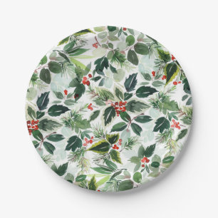 Watercolor Holly Greenery Pattern Christmas Party Paper Plate