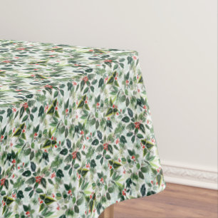 Watercolor Holly Greenery Pattern Christmas Tablecloth