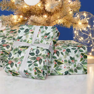 Watercolor Holly Greenery Pattern Christmas Wrapping Paper