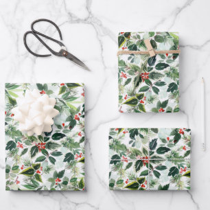 Watercolor Holly Greenery Pattern Christmas Wrapping Paper Sheet