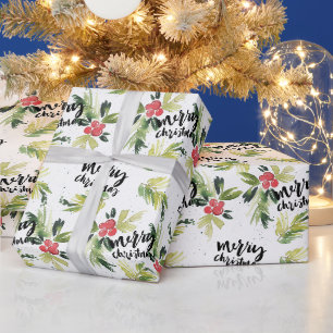 Watercolor Holly Greenery Pattern Merry Christmas Wrapping Paper