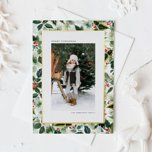 Watercolor Holly Greenery Pattern Photo Christmas Foil Holiday Postcard